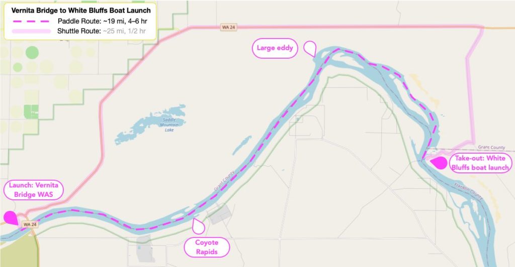 A map of this segment of the Hanford Reach, annotated with the paddle and shuttle routes and some hazards